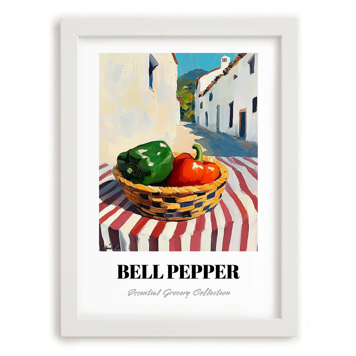 Bell Pepper – White village Outdoor Café Scene, Vegetable Wall Painting, placed in minimal white frame
