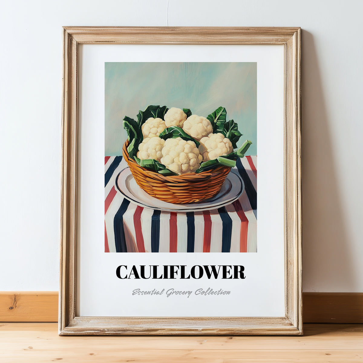 Cauliflower – on Striped Tablecloth, Vegetable Print, in wooden frame leaning on the floor