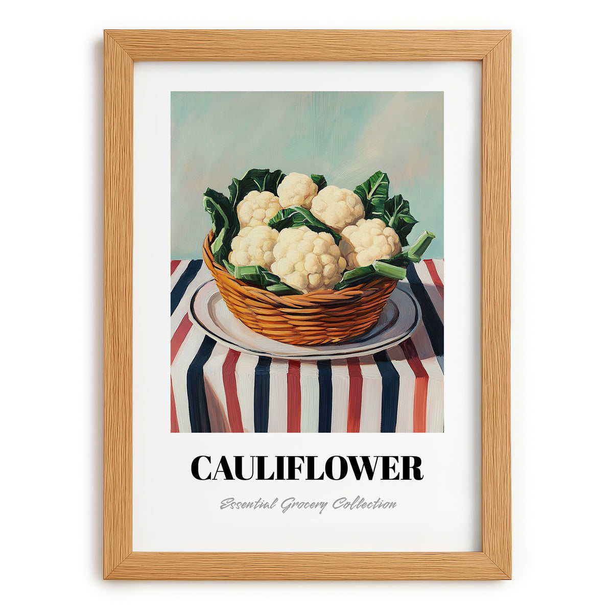 Cauliflower – on Striped Tablecloth, Vegetable Print, set in oak frame