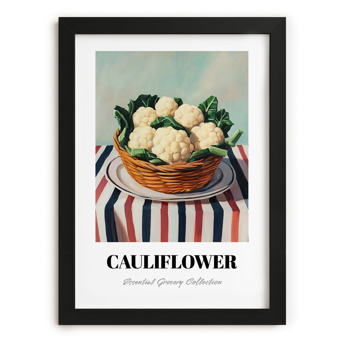 Cauliflower – on Striped Tablecloth, Vegetable Print, in sleek black frame