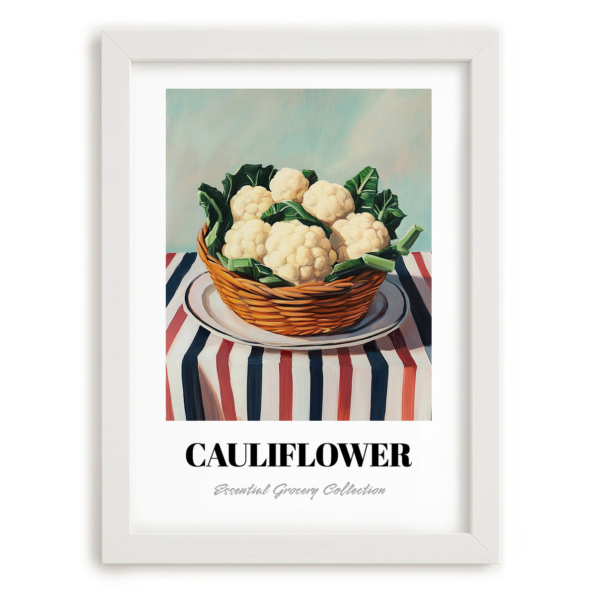 Cauliflower – on Striped Tablecloth, Vegetable Print, placed in minimal white frame