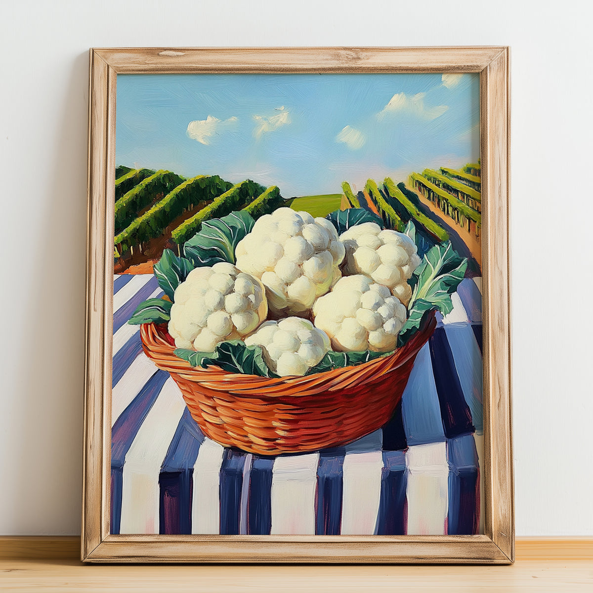 Cauliflower – Green Valley Landscape, Vegetable Illustration, no-text version framed in wood