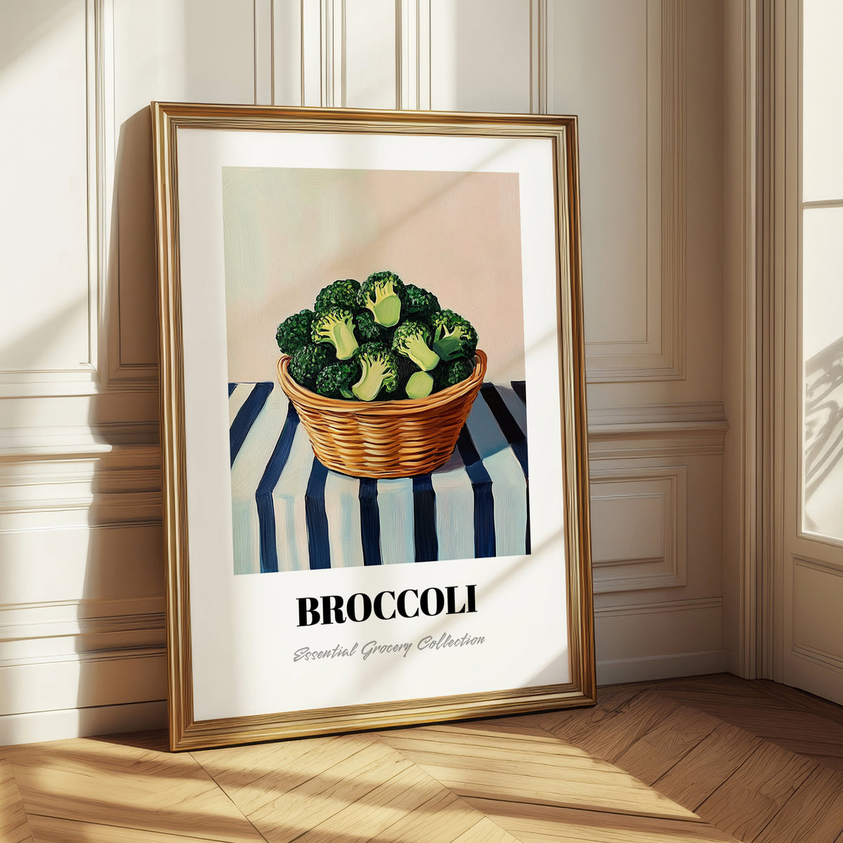 Broccoli – on Striped Tablecloth, Vegetable Still Life