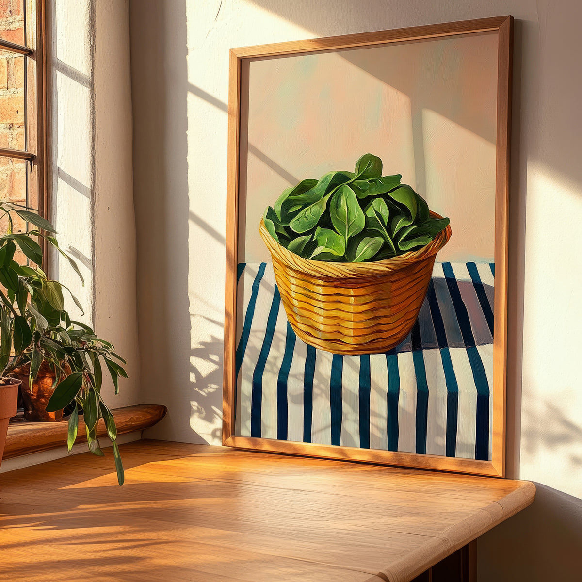 Spinach – on Striped Tablecloth, Vegetable Wall Decor, clean layout with no caption