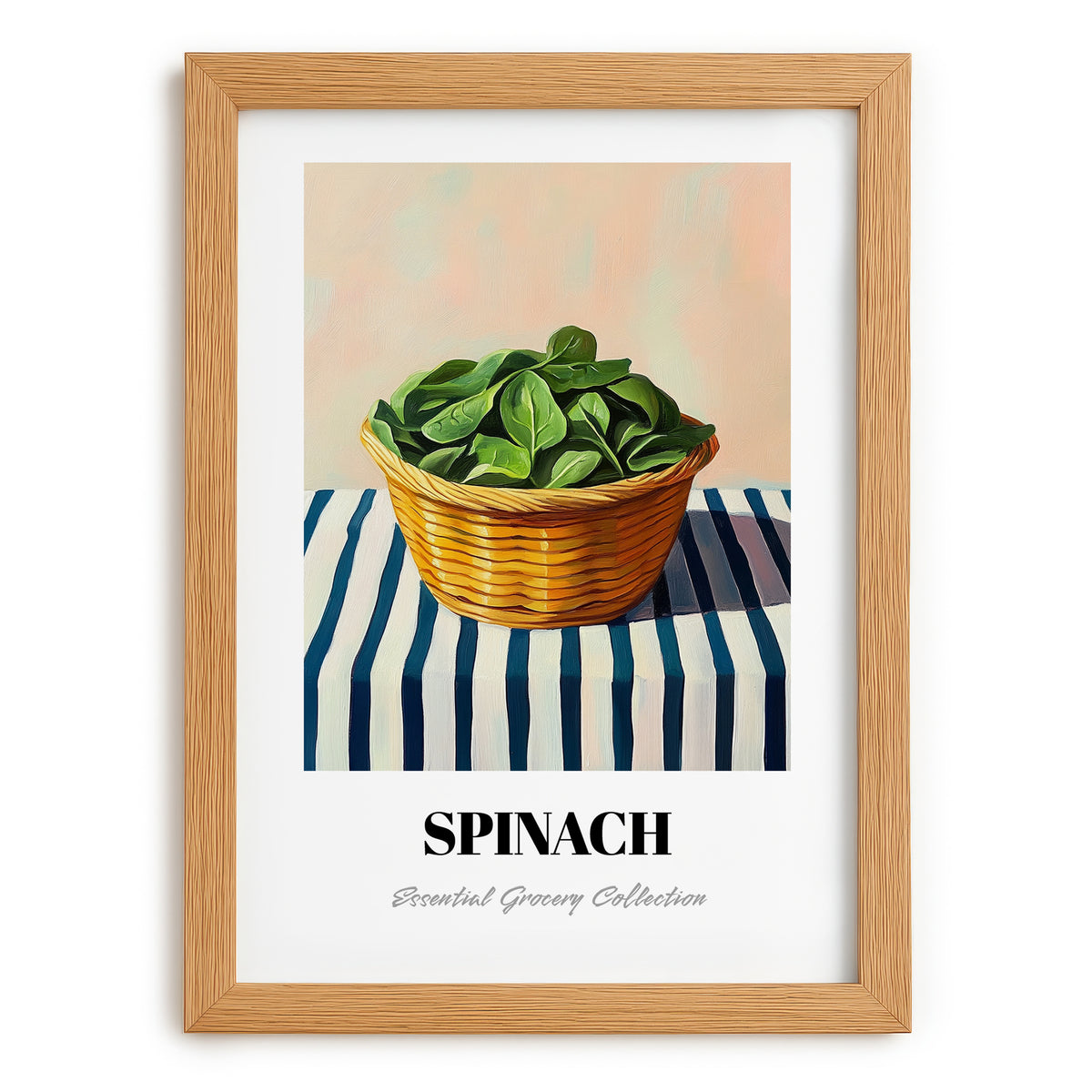 Spinach – on Striped Tablecloth, Vegetable Wall Decor, set in oak frame