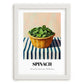 Spinach – on Striped Tablecloth, Vegetable Wall Decor, placed in minimal white frame
