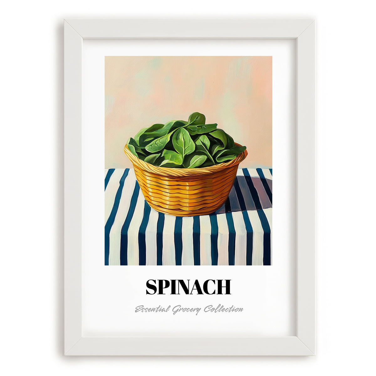 Spinach – on Striped Tablecloth, Vegetable Wall Decor, placed in minimal white frame