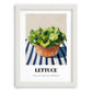 Lettuce – on Striped Tablecloth, Vegetable Wall Decor, placed in minimal white frame