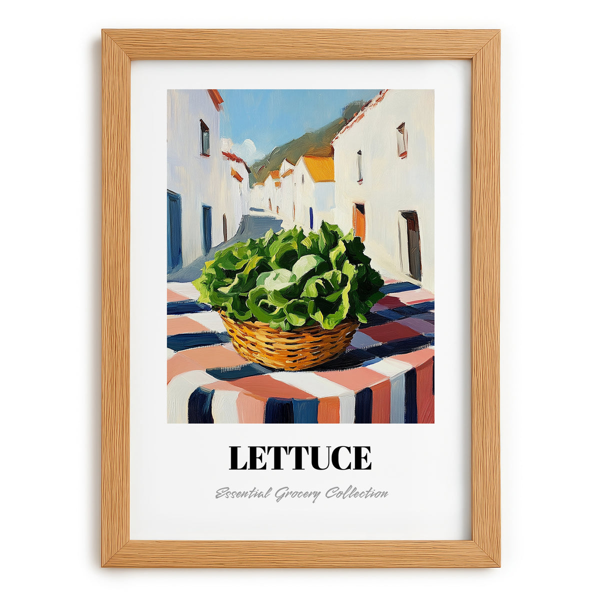 Lettuce – White village Urban Café Scene, Vegetable Still Life, set in oak frame