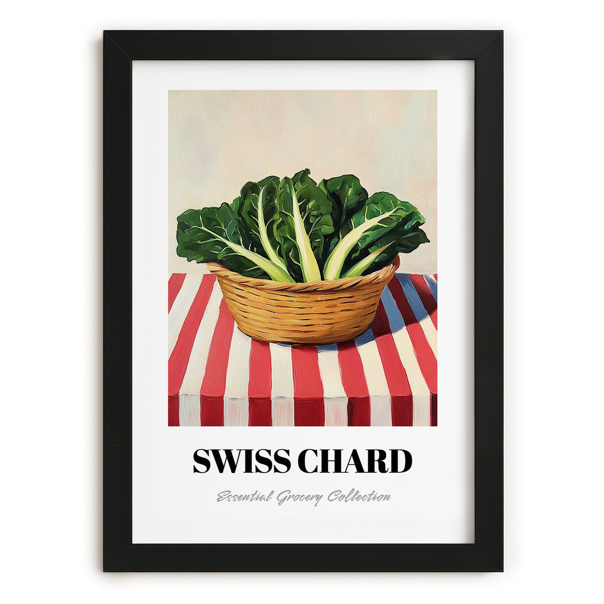 Swiss Chard – on Striped Tablecloth, Vegetable Painting, in sleek black frame