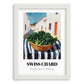 Swiss Chard – White village Outdoor Café Scene, Vegetable Wall Painting, placed in minimal white frame