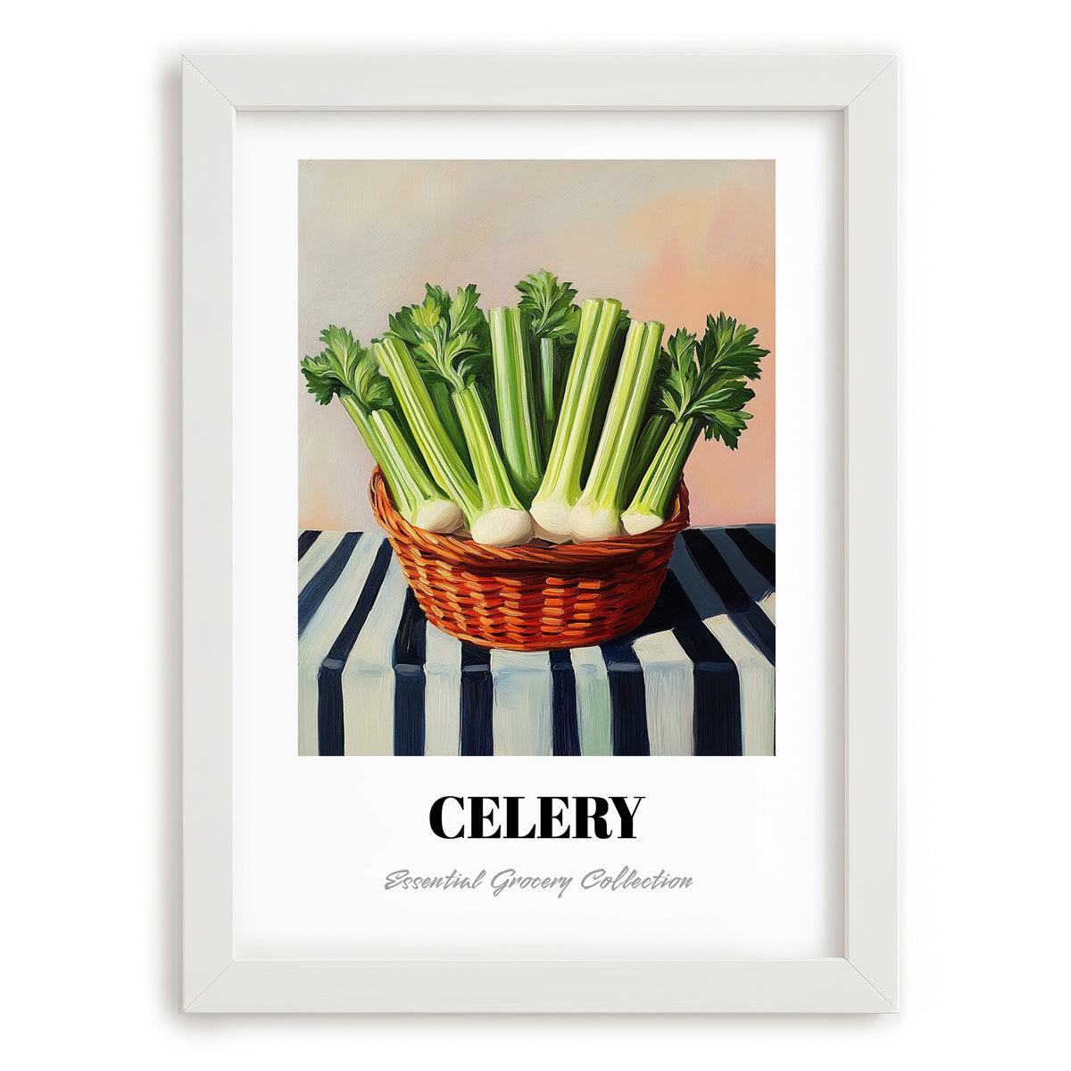 Celery – on Striped Tablecloth, Vegetable Wall Decor, placed in minimal white frame