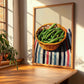 Green Beans – on Striped Tablecloth, Vegetable Illustration, clean layout with no caption