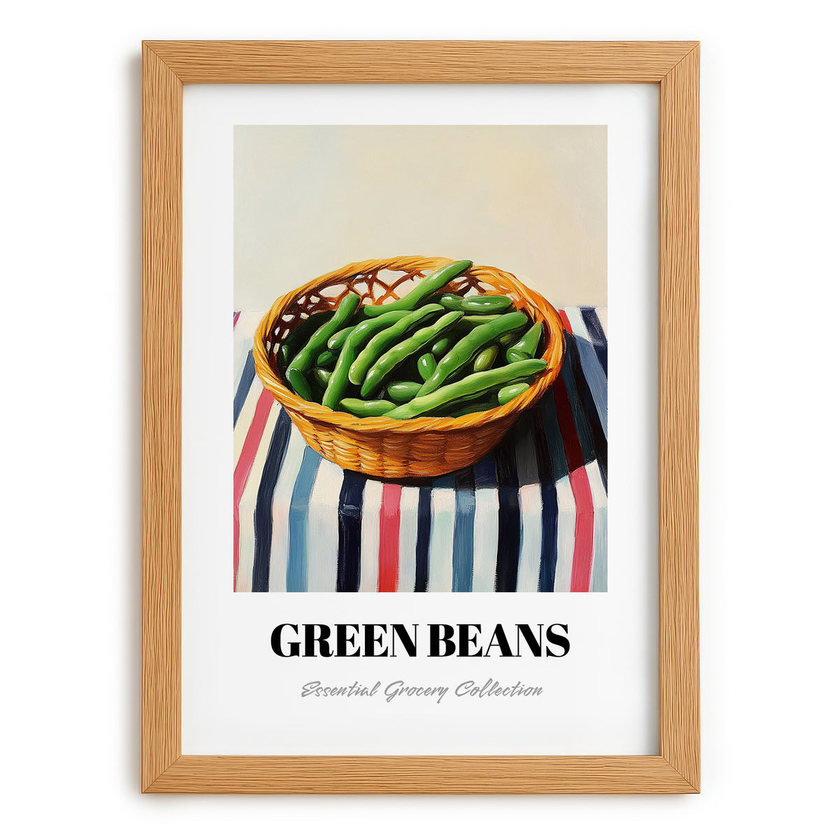 Green Beans – on Striped Tablecloth, Vegetable Illustration, set in oak frame