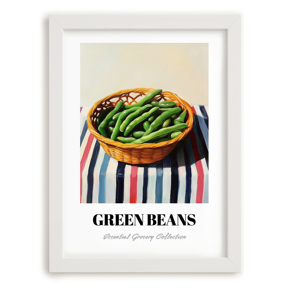 Green Beans – on Striped Tablecloth, Vegetable Illustration, placed in minimal white frame