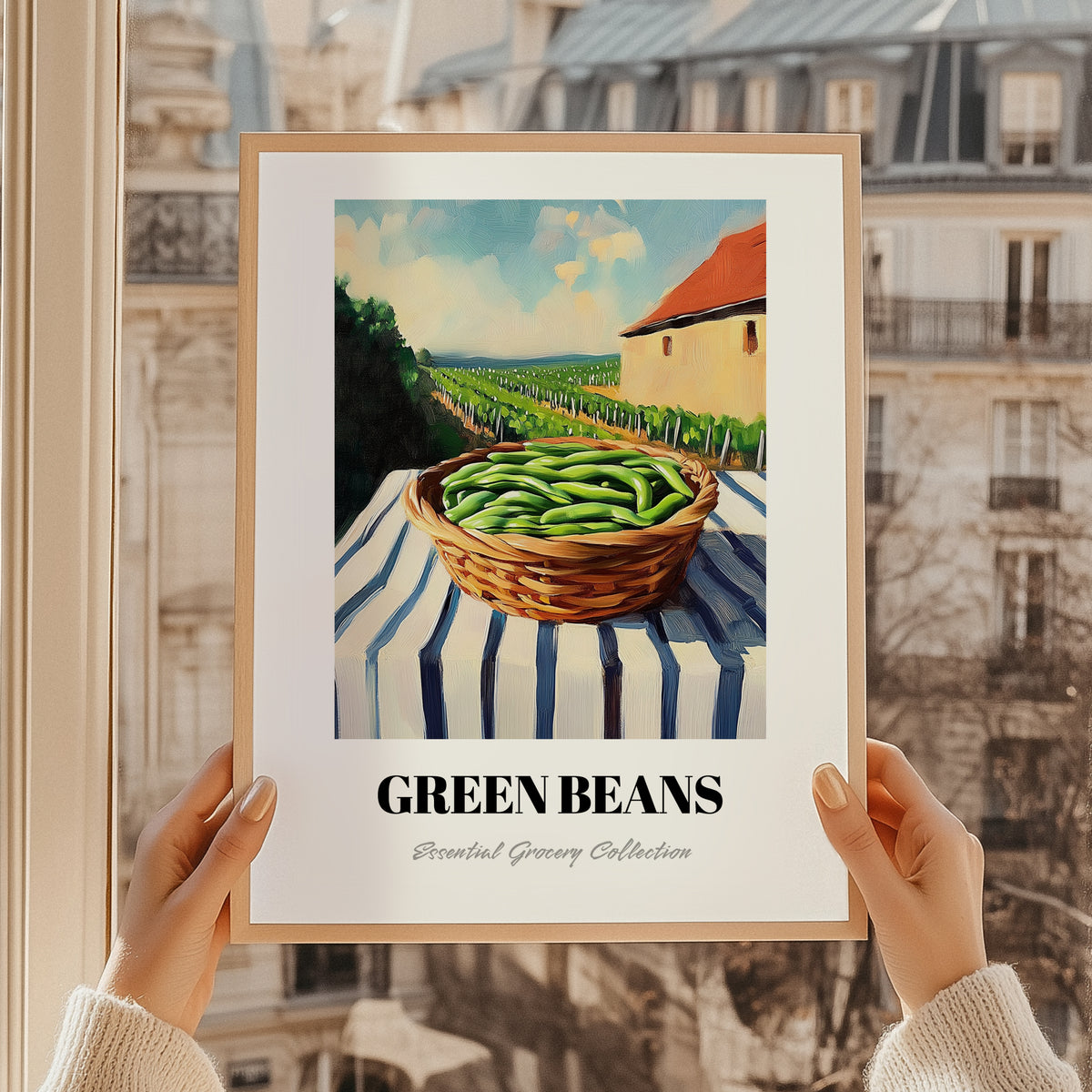 Green Beans – Valley Café Scene, Vegetable Still Life, styled in a charming Paris street view