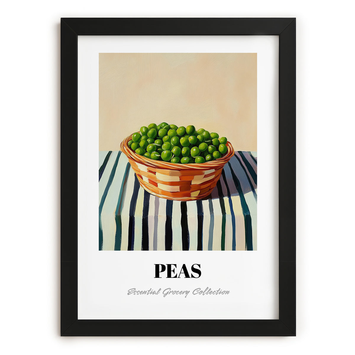 Peas – on Striped Tablecloth, Vegetable Wall Print, in sleek black frame