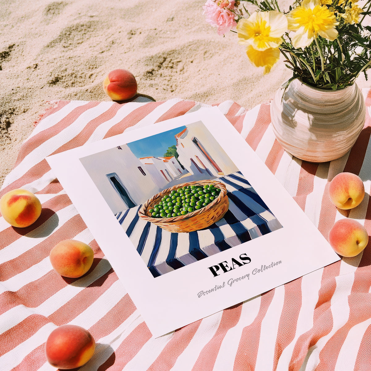 Peas – White village Outdoor Café Scene, Vegetable Print, unframed on coastal sand
