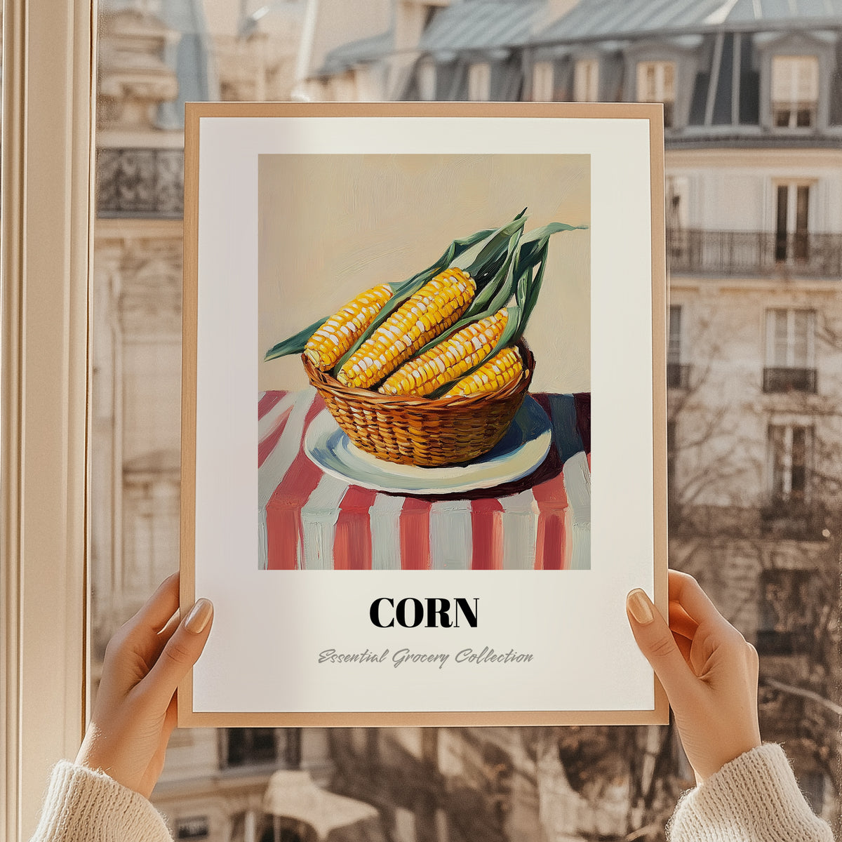 Corn – on Striped Tablecloth, Vegetable Wall Painting, styled in a charming Paris street view