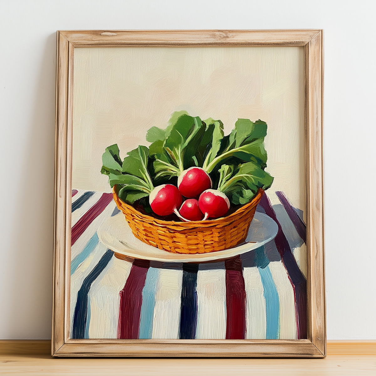 Radish – on Striped Tablecloth, Vegetable Wall Decor, no-text version framed in wood
