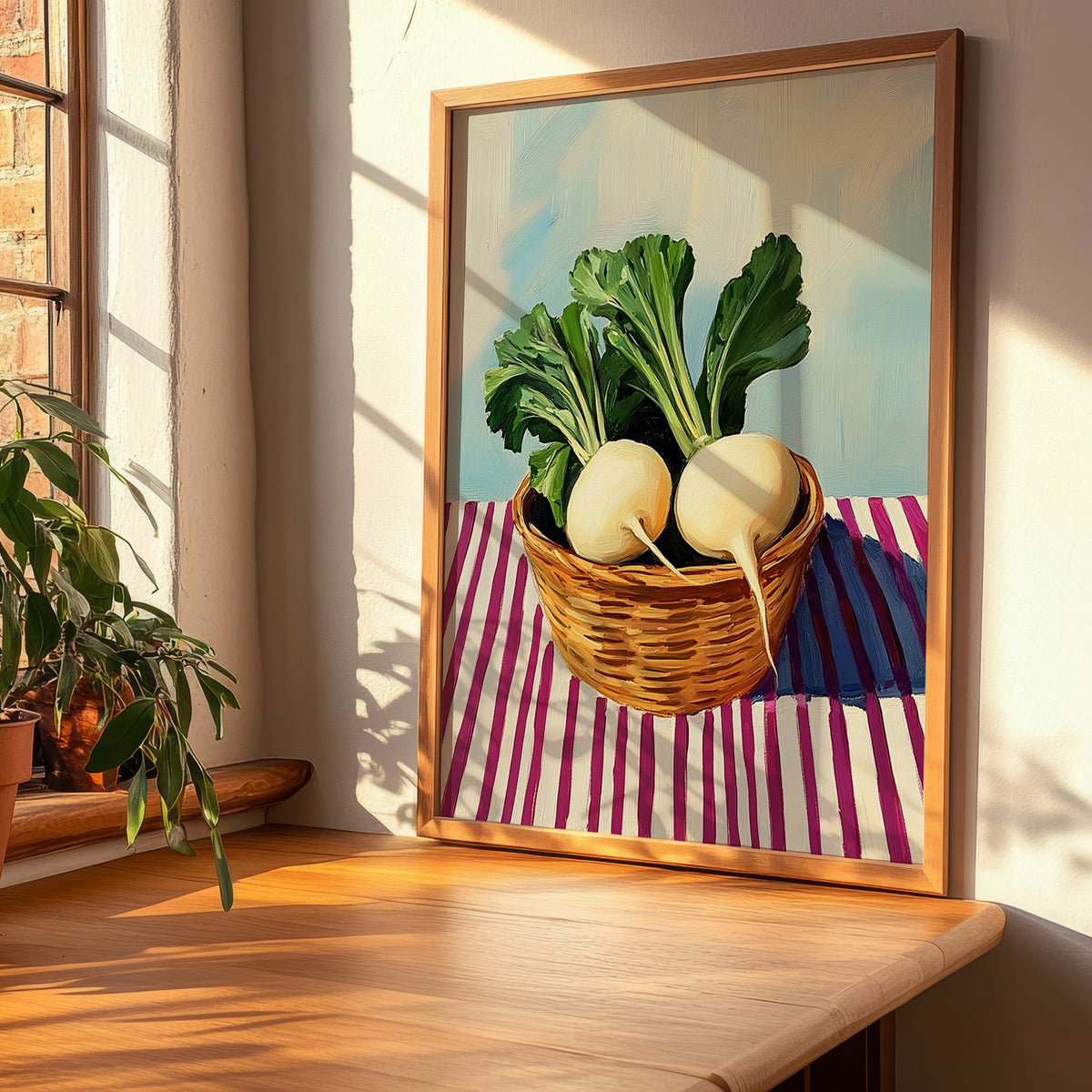 Turnip – on Striped Tablecloth, Vegetable Still Life, clean layout with no caption