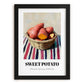 Sweet Potato – on Striped Tablecloth, Vegetable Print, in sleek black frame