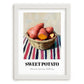 Sweet Potato – on Striped Tablecloth, Vegetable Print, placed in minimal white frame