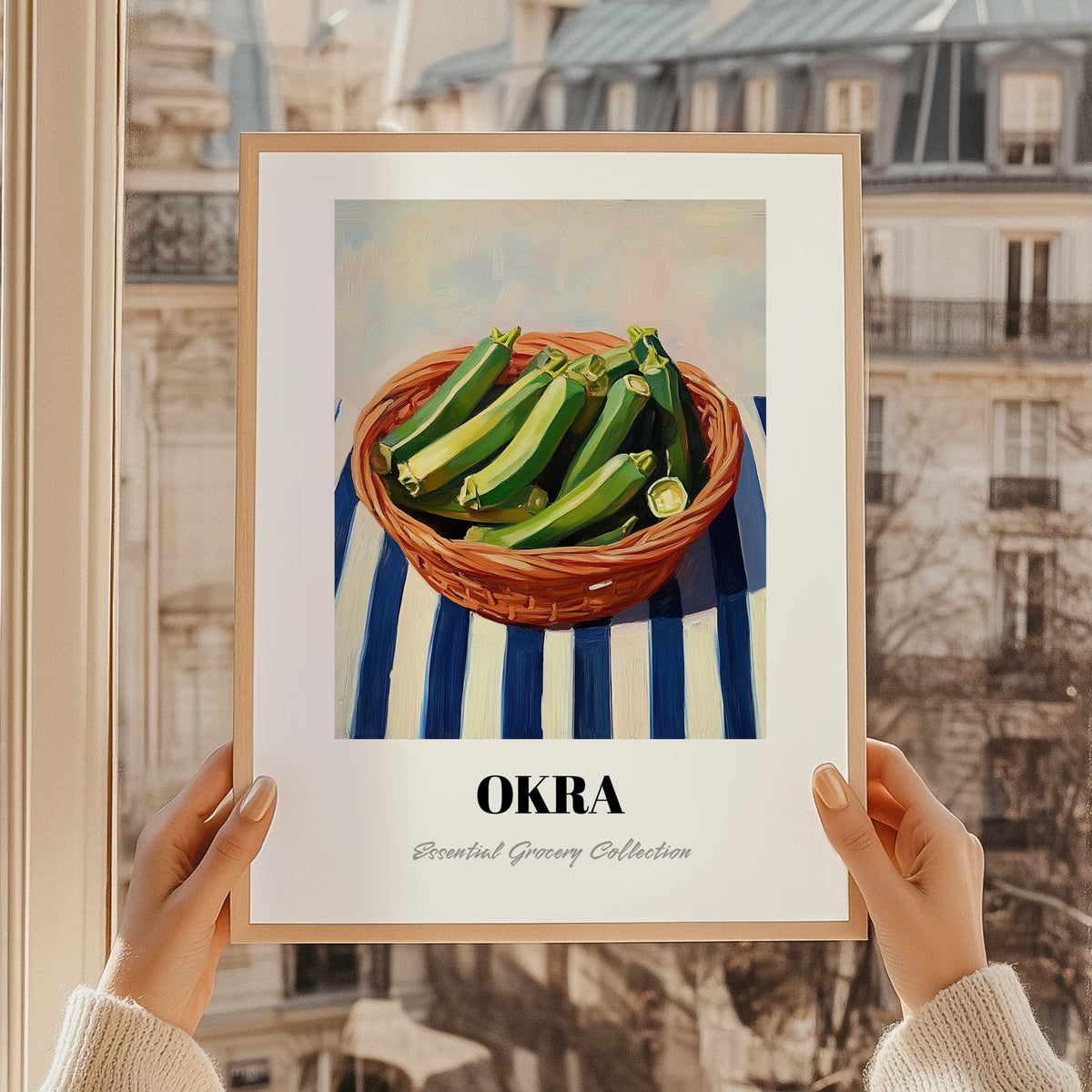 Okra – on Striped Tablecloth, Vegetable Print, styled in a charming Paris street view