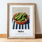 Okra – on Striped Tablecloth, Vegetable Print, in wooden frame leaning on the floor