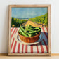 Okra – Valley Café Scene, Vegetable Wall Decor, no-text version framed in wood