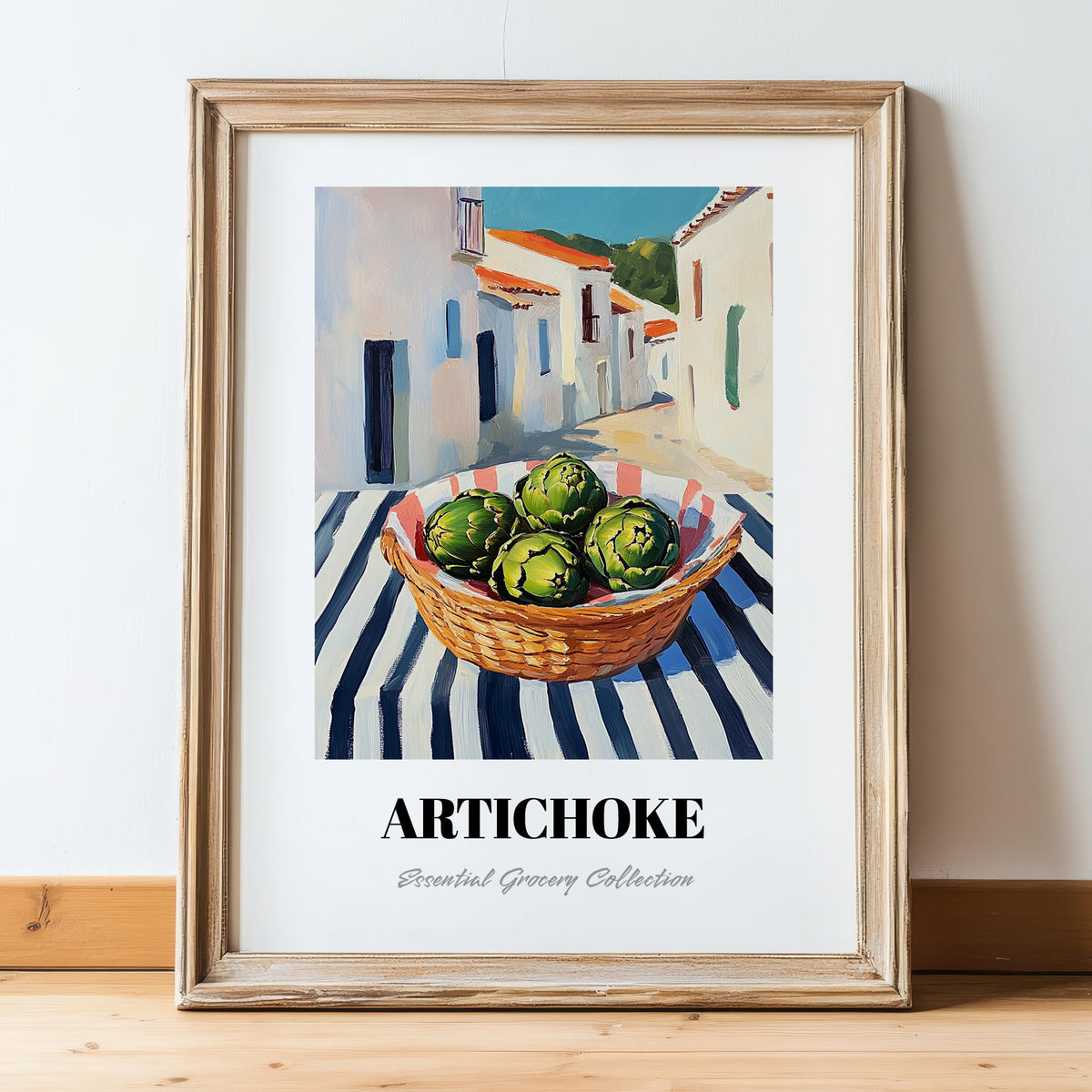 Artichoke – White village Urban Café Scene, Vegetable Print, in wooden frame leaning on the floor