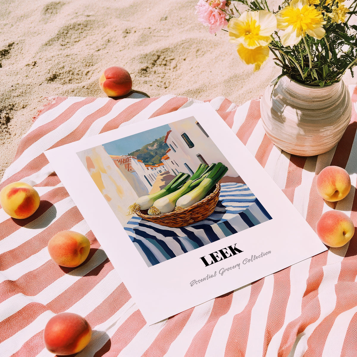 Leek – White village Café on the Corner, Vegetable Print, unframed on coastal sand
