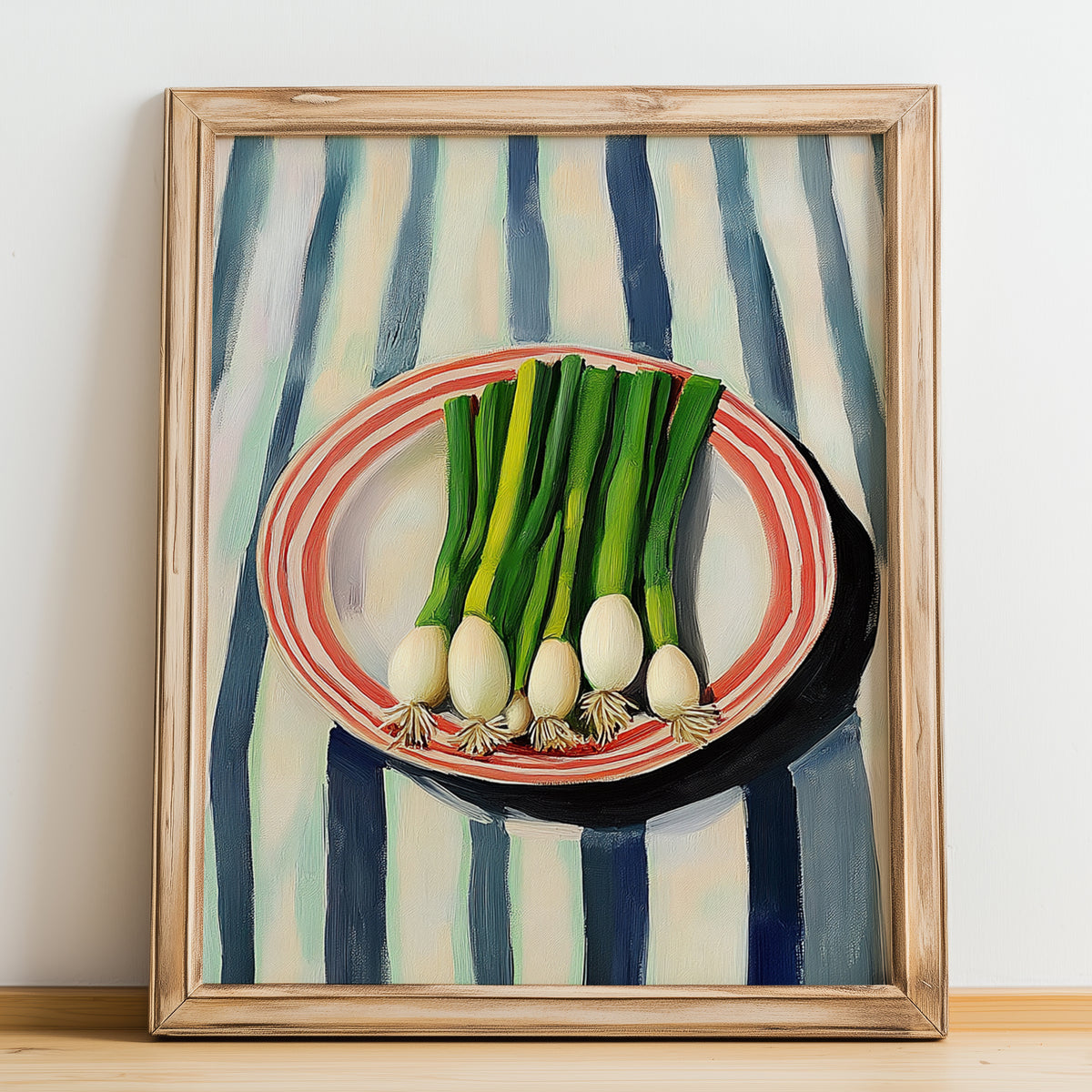 Green Onions – on Striped Tablecloth, Vegetable Wall Decor, no-text version framed in wood