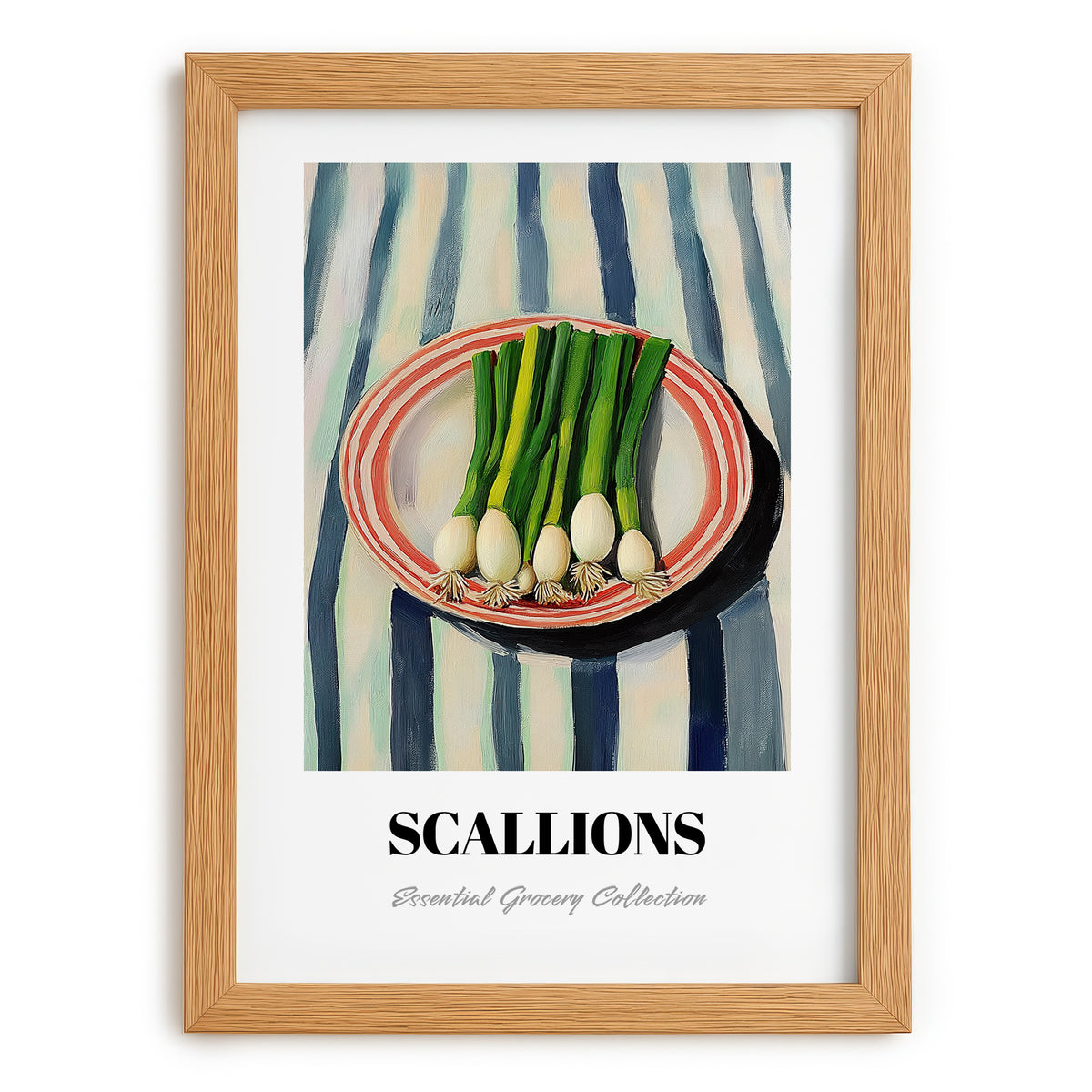 Green Onions – on Striped Tablecloth, Vegetable Wall Decor, set in oak frame