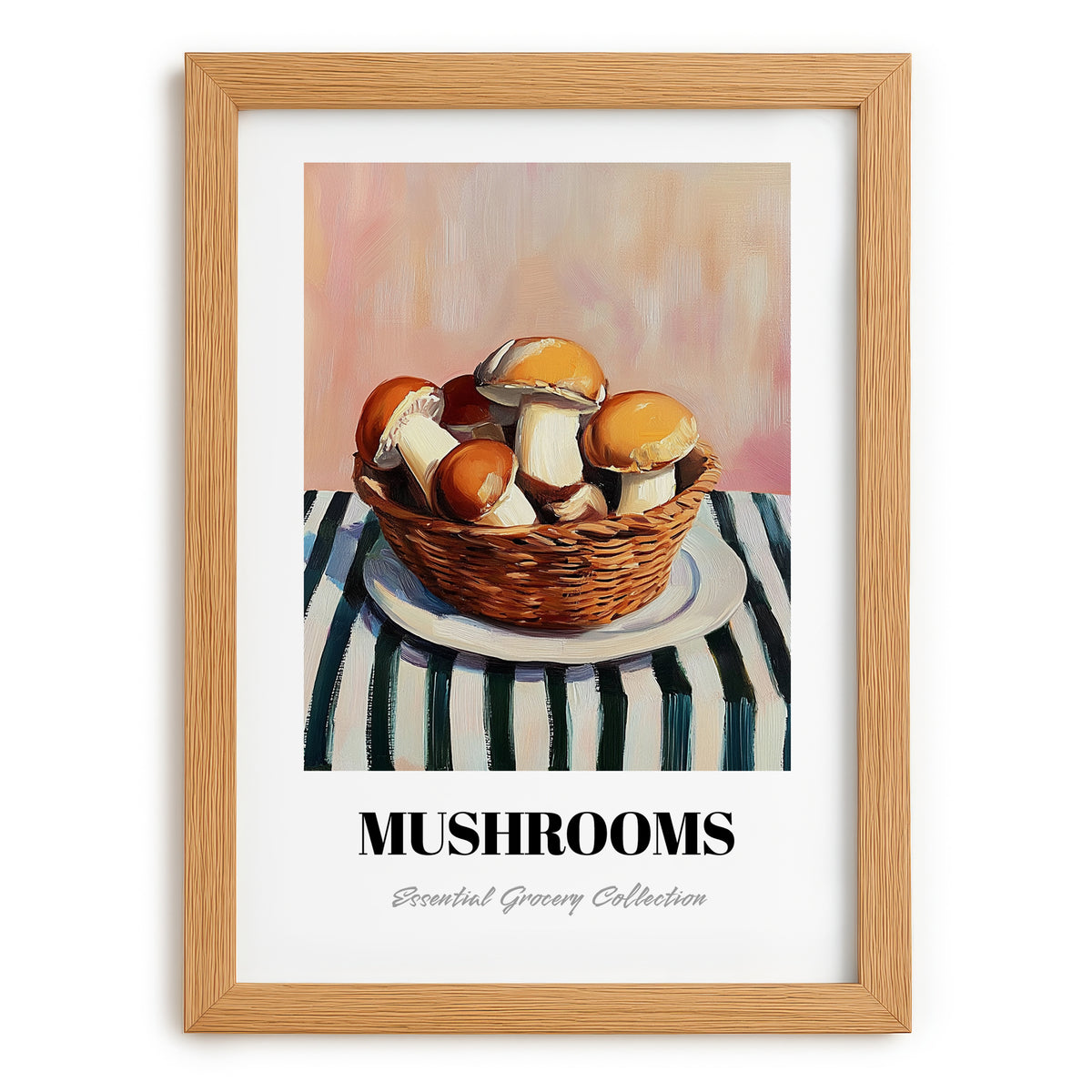 Mushrooms – on Striped Tablecloth, Vegetable Illustration, set in oak frame