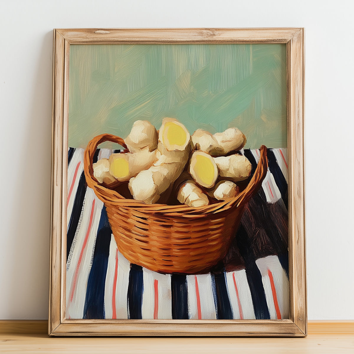 Ginger – on Striped Tablecloth, Vegetable Wall Illustration, no-text version framed in wood