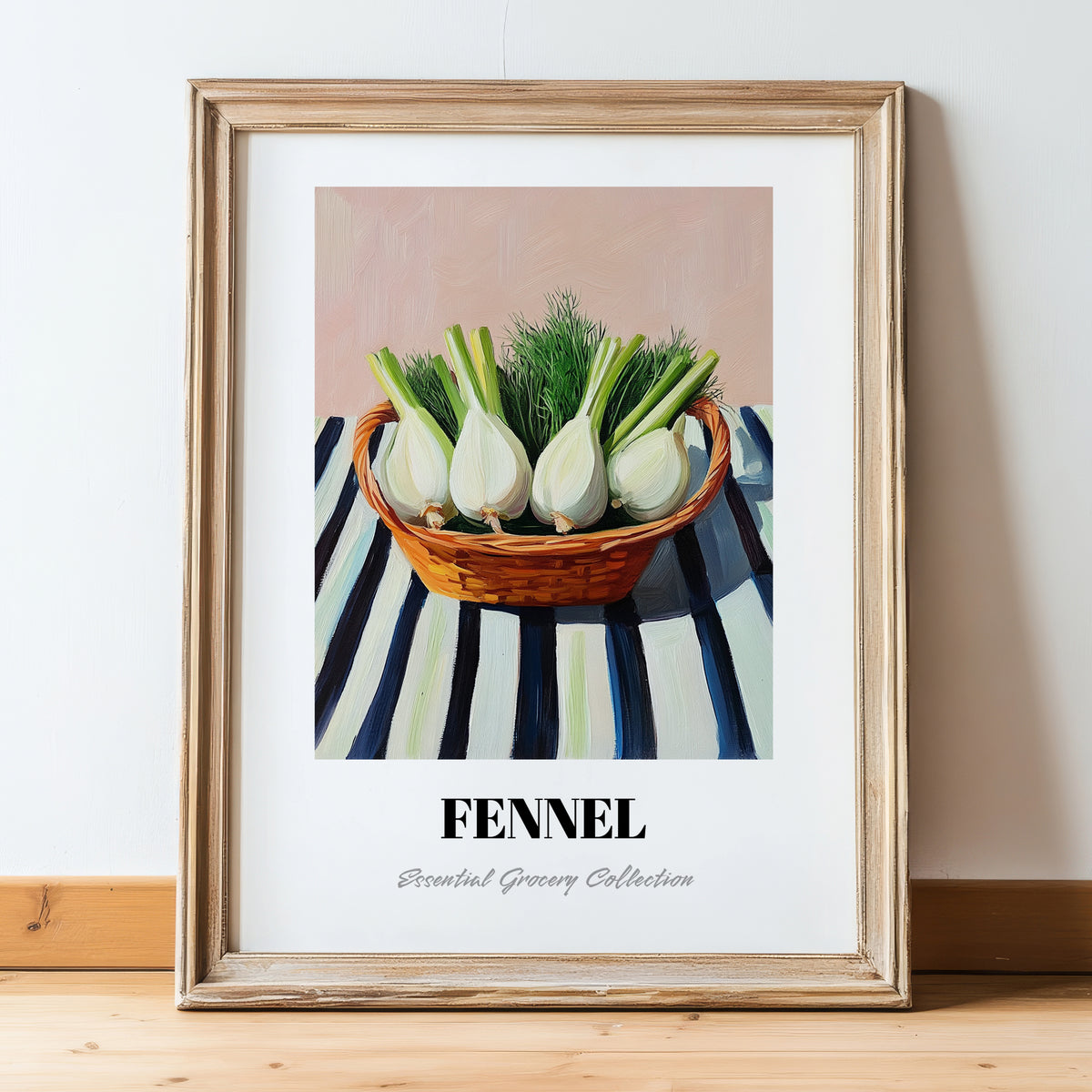Fennel – on Striped Tablecloth, Vegetable Print, in wooden frame leaning on the floor