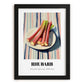 Rhubarb – on Striped Tablecloth, Vegetable Wall Decor, in sleek black frame