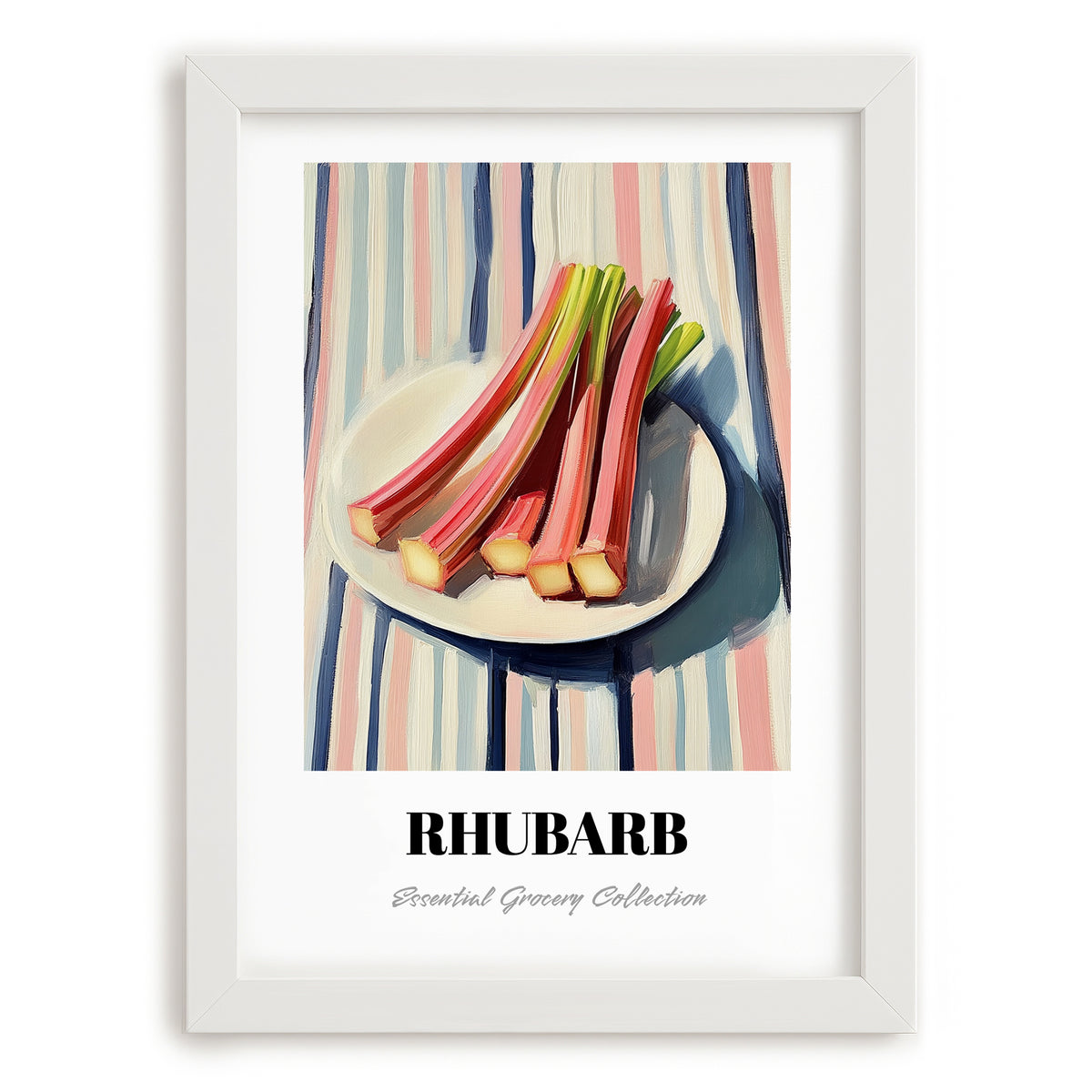 Rhubarb – on Striped Tablecloth, Vegetable Wall Decor, placed in minimal white frame