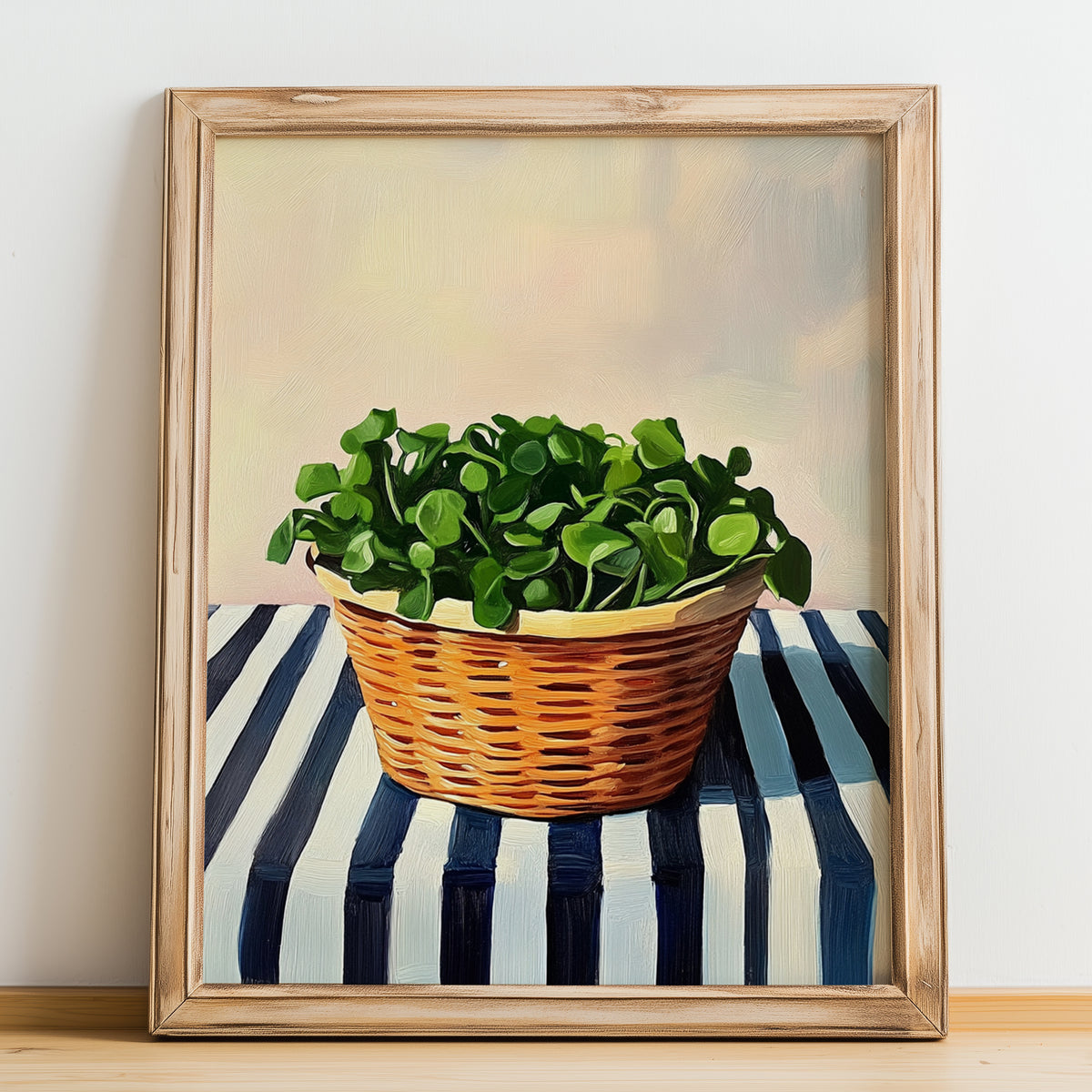 Watercress – on Striped Tablecloth, Vegetable Wall Art, no-text version framed in wood