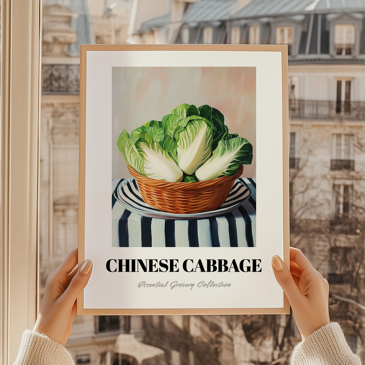 Chinese Cabbage – on Striped Tablecloth, Vegetable Print, styled in a charming Paris street view