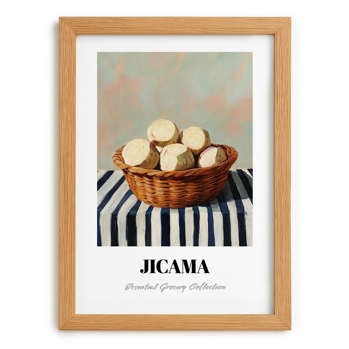 Jicama – on Striped Tablecloth, Vegetable Wall Art, set in oak frame