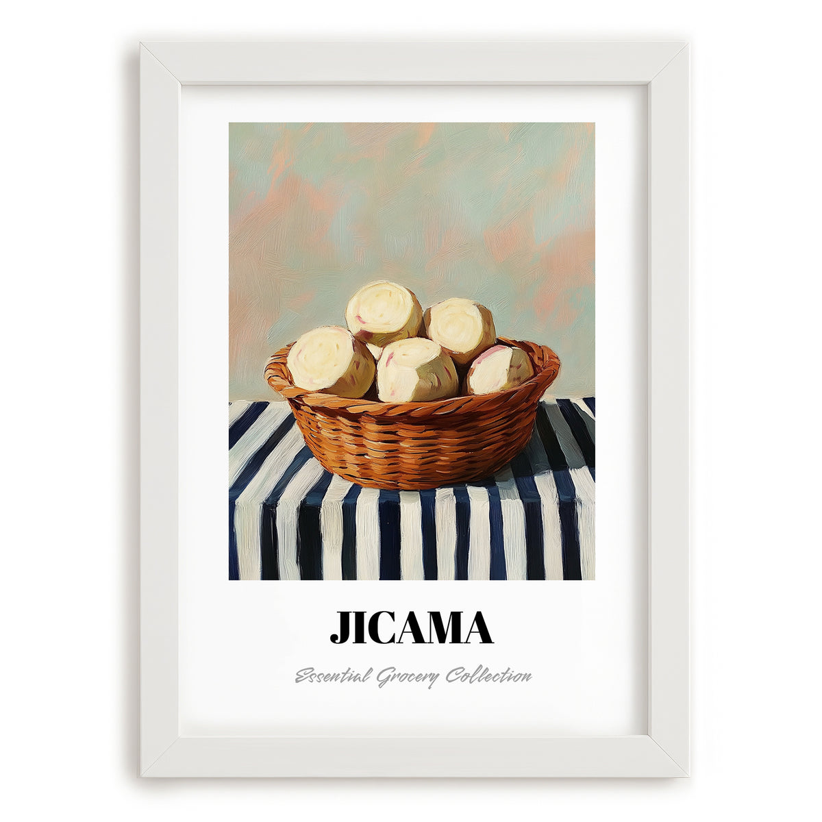 Jicama – on Striped Tablecloth, Vegetable Wall Art, placed in minimal white frame