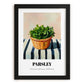 Parsley – on Striped Tablecloth, Fresh Herbs Illustration, in sleek black frame