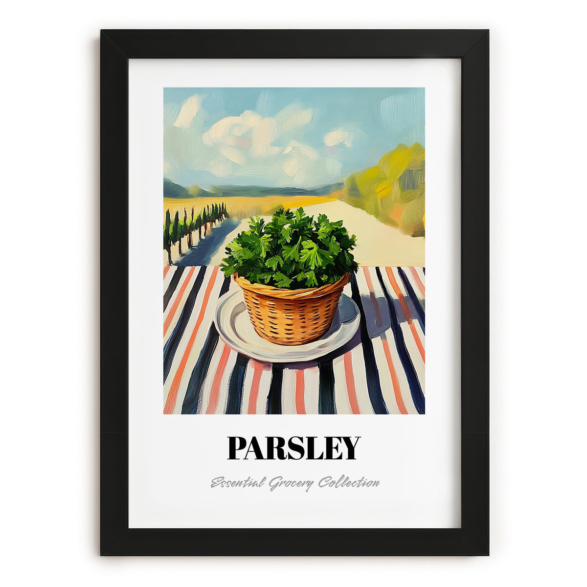 Parsley – Valley Café Scene, Fresh Herbs Painting, in sleek black frame