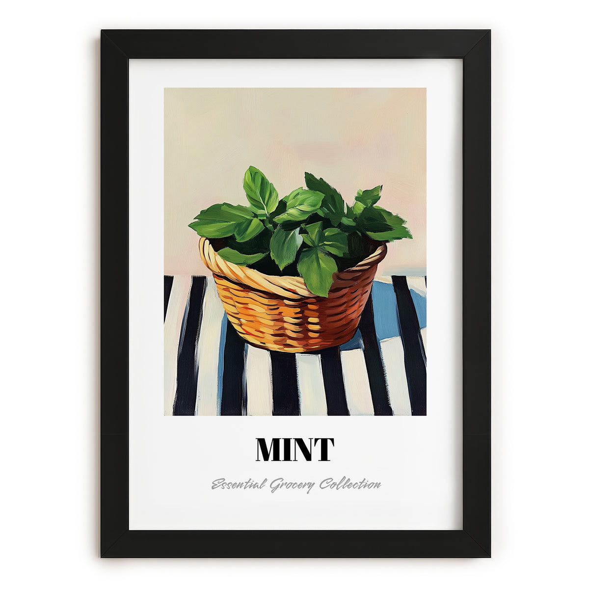 Mint – on Striped Tablecloth, Fresh Herbs Poster, in sleek black frame