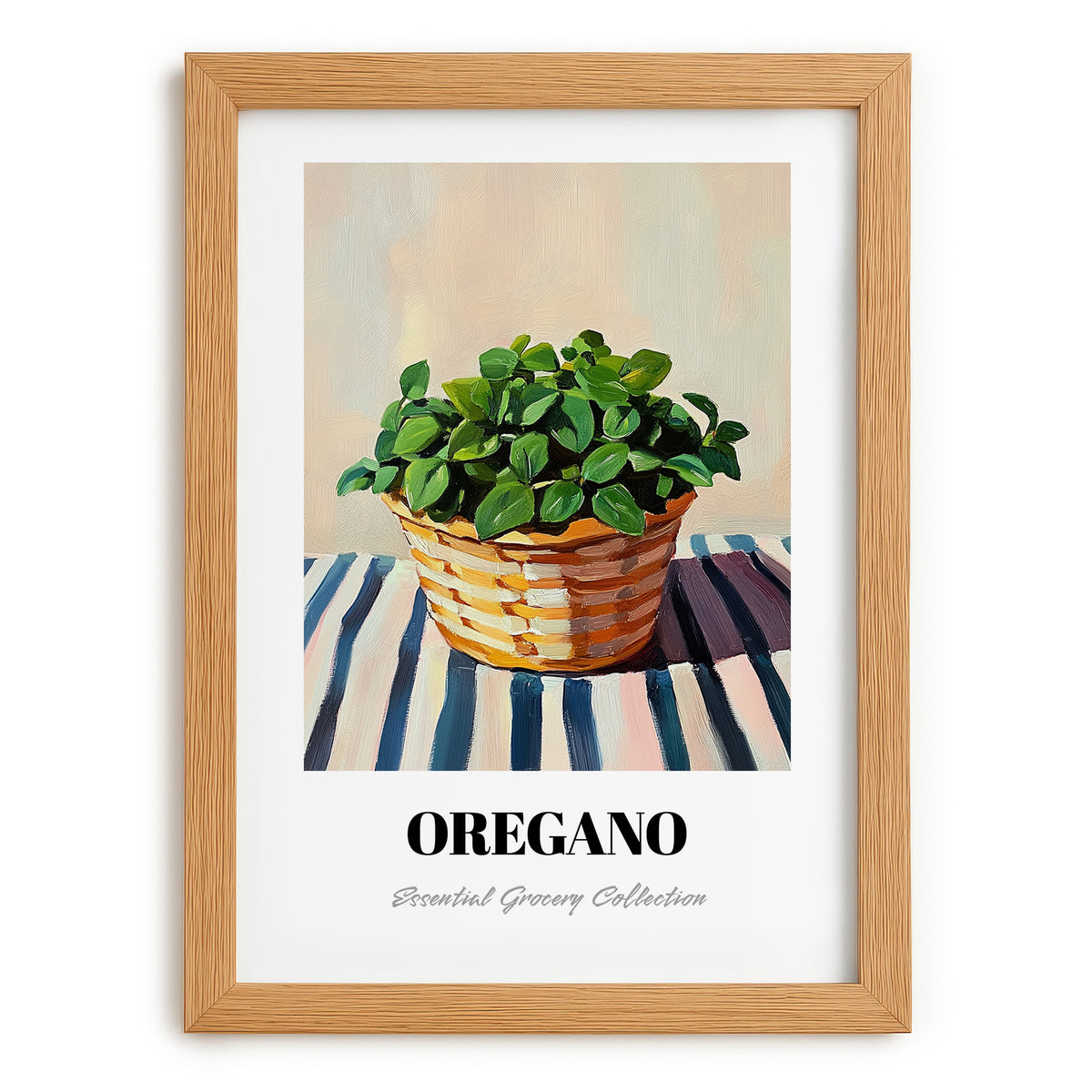Oregano – on Striped Tablecloth, Fresh Herbs Painting, set in oak frame