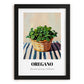 Oregano – on Striped Tablecloth, Fresh Herbs Painting, in sleek black frame