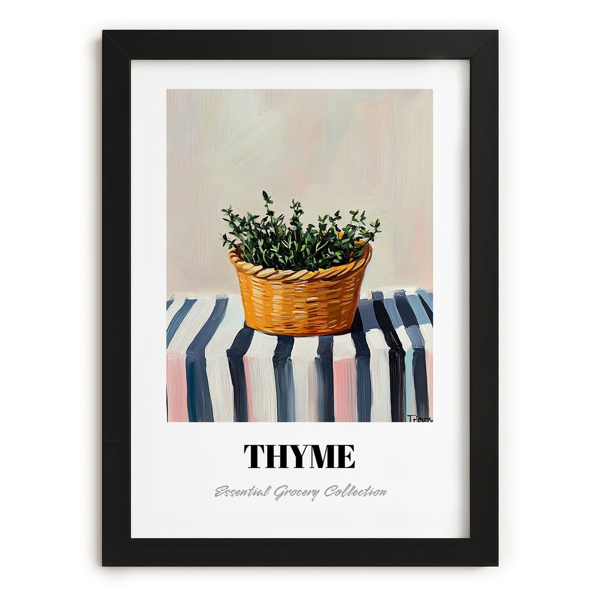 Thyme – on Striped Tablecloth, Fresh Herbs Still Life, in sleek black frame