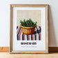 Rosemary – on Striped Tablecloth, Fresh Herbs Print, in wooden frame leaning on the floor